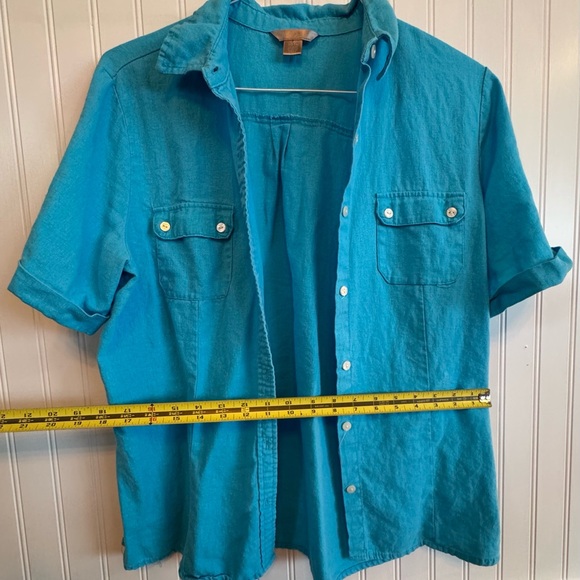 LINEN Vibrant Teal Women's White Stag Casual Button Down Shirt Medium 55% Linen - Picture 7 of 9